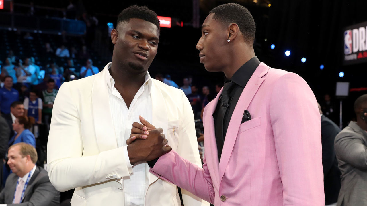 BROOKLYN, NY - JUNE 20: Zion Williamson and RJ Barrett shake hands before the 2019 NBA Draft on June 20, 2019 at the Barclays Center in Brooklyn, New York. NOTE TO USER: User expressly acknowledges and agrees that, by downloading and/or using this photograph, user is consenting to the terms and conditions of the Getty Images License Agreement. Mandatory Copyright Notice: Copyright 2019 NBAE