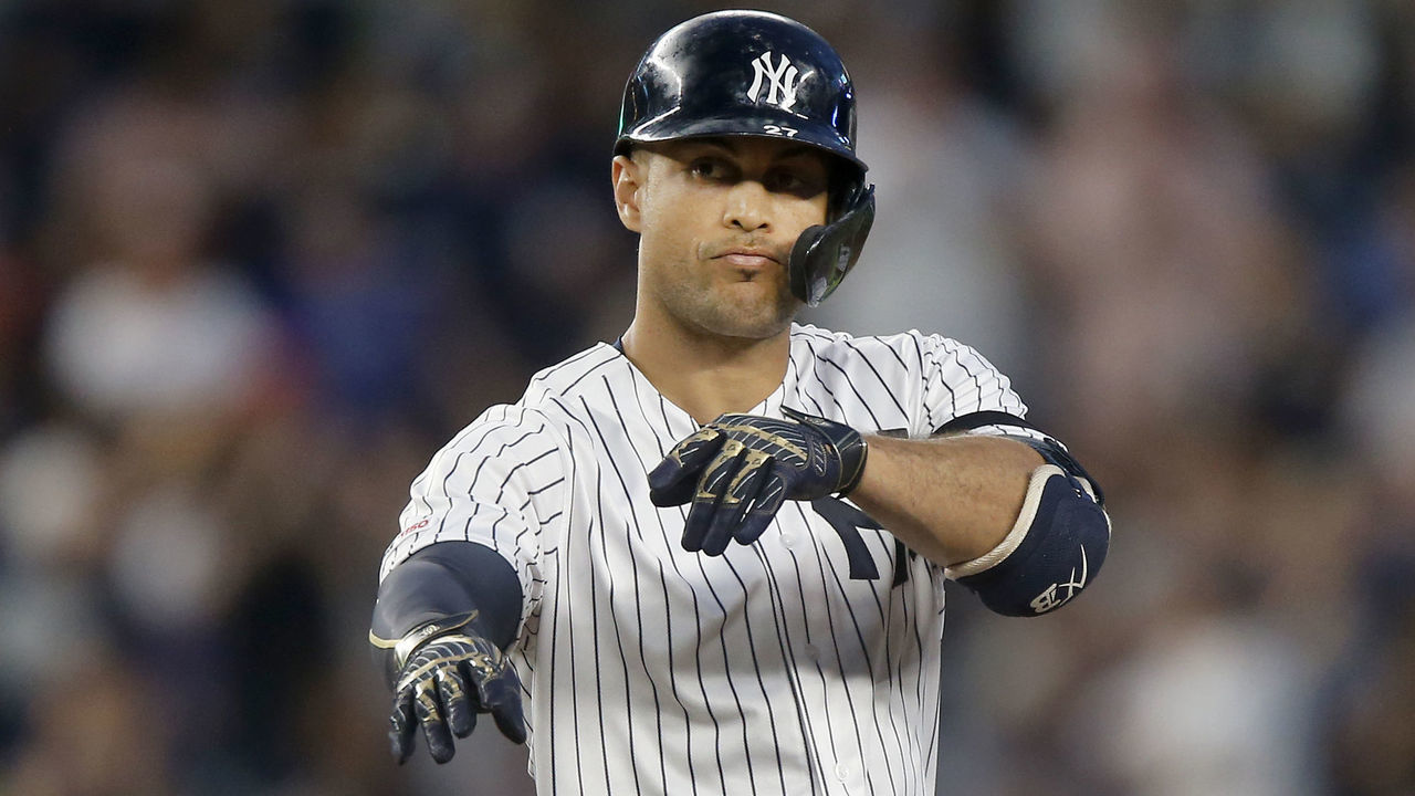NEW YORK, NEW YORK - JUNE 20: Giancarlo Stanton #27 of the New York Yankees reacts at second base after his fourth inning double against the Houston Astros at Yankee Stadium on June 20, 2019 in New York City.