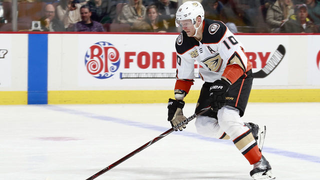 VANCOUVER, BC - FEBRUARY 25: Corey Perry #10 of the Anaheim Ducks skates up ice with the puck during their NHL game against the Vancouver Canucks at Rogers Arena February 25, 2019 in Vancouver, British Columbia, Canada. "n