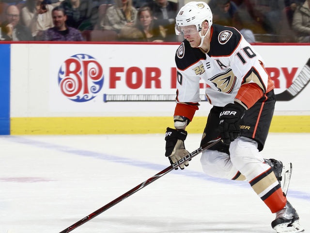 VANCOUVER, BC - FEBRUARY 25: Corey Perry #10 of the Anaheim Ducks skates up ice with the puck during their NHL game against the Vancouver Canucks at Rogers Arena February 25, 2019 in Vancouver, British Columbia, Canada. "n