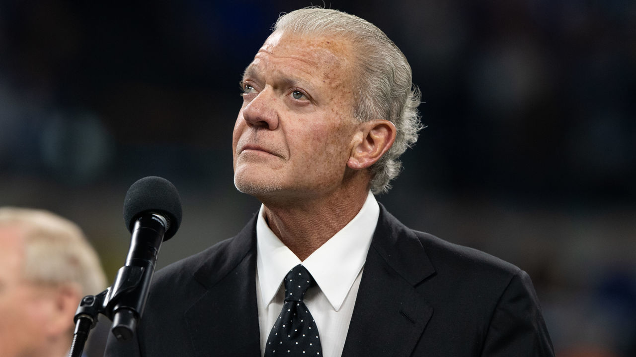 INDIANAPOLIS, IN - NOVEMBER 18: Indianapolis Colts owner Jim Irsay on the stage for Reggie Wayne Ring of Honor ceremony during the NFL game between the Indianapolis Colts and Tennessee Titans on November 18, 2018, at Lucas Oil Stadium in Indianapolis, IN.