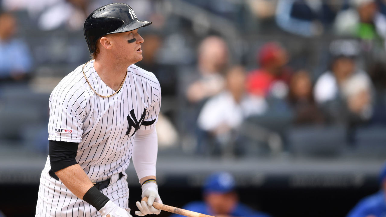 NEW YORK, NEW YORK - APRIL 21: Clint Frazier #77 of the New York Yankees watches his ball fly out of the park, hitting a home run during the fifth inning of the game against the Kansas City Royals at Yankee Stadium on April 21, 2019 in the Bronx borough of New York City.