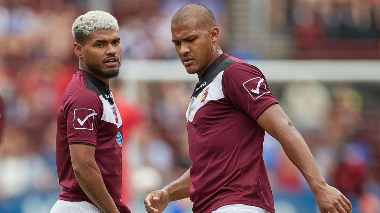 CINCINNATI, OH - JUNE 09: Josef Martinez (17) of Venezuela talks to Jose Salomon Rondon (23) of Venezuela prior to game action during a friendly international match between the United States and Venezuela on June 09, 2019 at Nippert Stadium, in Cincinnati, OH.