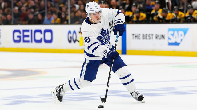 BOSTON, MA - APRIL 13: Mitchell Marner #16 of the Toronto Maple Leafs shoots the puck in the second period of a game against the Boston Bruins in Game Two of the Eastern Conference First Round during the 2019 NHL Stanley Cup Playoffs at TD Garden on April 13, 2019 in Boston, Massachusetts.