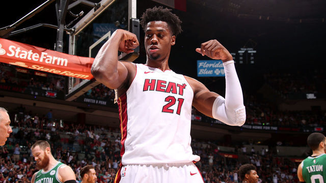 MIAMI, FL - APRIL 3: Hassan Whiteside #21 of the Miami Heat reacts to a play during the game against the Boston Celtics on April 3, 2019 at American Airlines Arena in Miami, Florida. NOTE TO USER: User expressly acknowledges and agrees that, by downloading and/or using this photograph, user is consenting to the terms and conditions of the Getty Images License Agreement. Mandatory Copyright Notice: Copyright 2019 NBAE