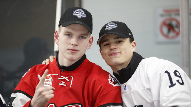 VANCOUVER , BC - JUNE 20: Bowen Byram #44 (L) and Alex Turcotte #19 pose for a photo following a top prospects clinic prior to the NHL draft at Hillcrest Community Centre on June 20, 2019 in Vancouver, British Columbia, Canada.