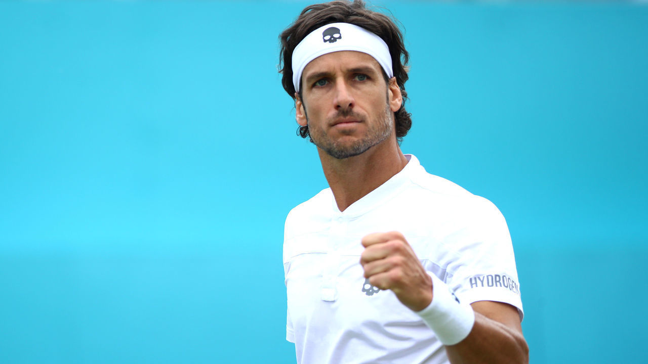 LONDON, ENGLAND - JUNE 21: Feliciano Lopez of Spain celebrates during his Quarter-Final Singles Match against Milos Raonic of Canada during day five of the Fever-Tree Championships at Queens Club on June 21, 2019 in London, United Kingdom.