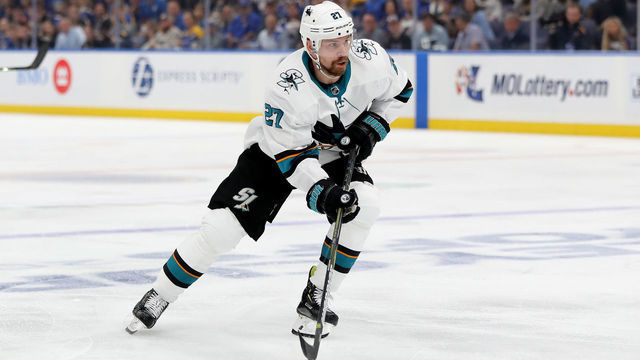 ST LOUIS, MISSOURI - MAY 17: Joonas Donskoi #27 of the San Jose Sharks skates with the puck against the San Jose Sharks during the first period in Game Four of the Western Conference Finals during the 2019 NHL Stanley Cup Playoffs at Enterprise Center on May 17, 2019 in St Louis, Missouri.