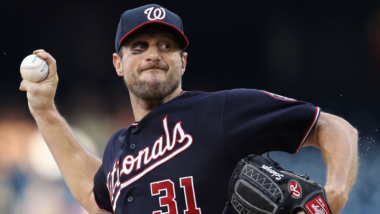 WASHINGTON, DC - JUNE 19: Starting pitcher Max Scherzer #31 of the Washington Nationals works the first inning against the Philadelphia Phillies in game two of a double header at Nationals Park on June 19, 2019 in Washington, DC.