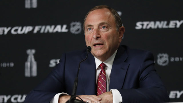 BOSTON, MA - MAY 27: NHL Commissioner Gary Bettman answers a question before Game 1 of the 2019 Stanley Cup Finals between the Boston Bruins and the St. Louis Blues on May 27, 2019, at TD Garden in Boston, Massachusetts.