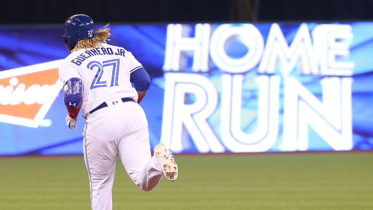 TORONTO, ON - MAY 22: Vladimir Guerrero Jr. #27 of the Toronto Blue Jays circles the bases after hitting a solo home run in the fourth inning during MLB game action against the Boston Red Sox at Rogers Centre on May 22, 2019 in Toronto, Canada.