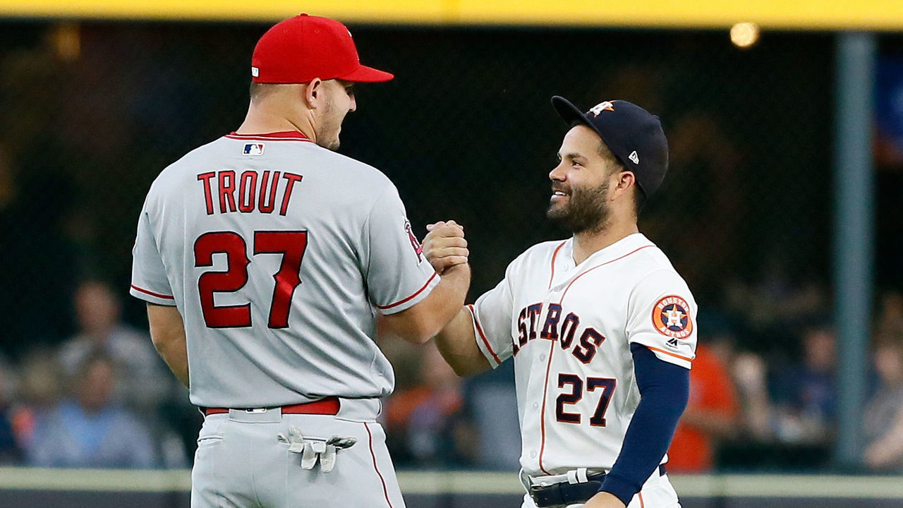 HOUSTON, TX - AUGUST 30: Mike Trout #27 of the Los Angeles Angels of Anaheim talks with Jose Altuve #27 of the Houston Astros before a baseball game at Minute Maid Park on August 30, 2018 in Houston, Texas.