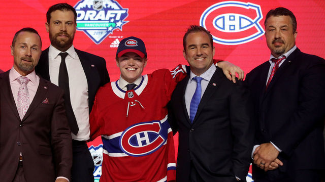 VANCOUVER, BRITISH COLUMBIA - JUNE 21: Cole Caufield reacts after being selected fifteenth overall by the Montreal Canadiens during the first round of the 2019 NHL Draft at Rogers Arena on June 21, 2019 in Vancouver, Canada.