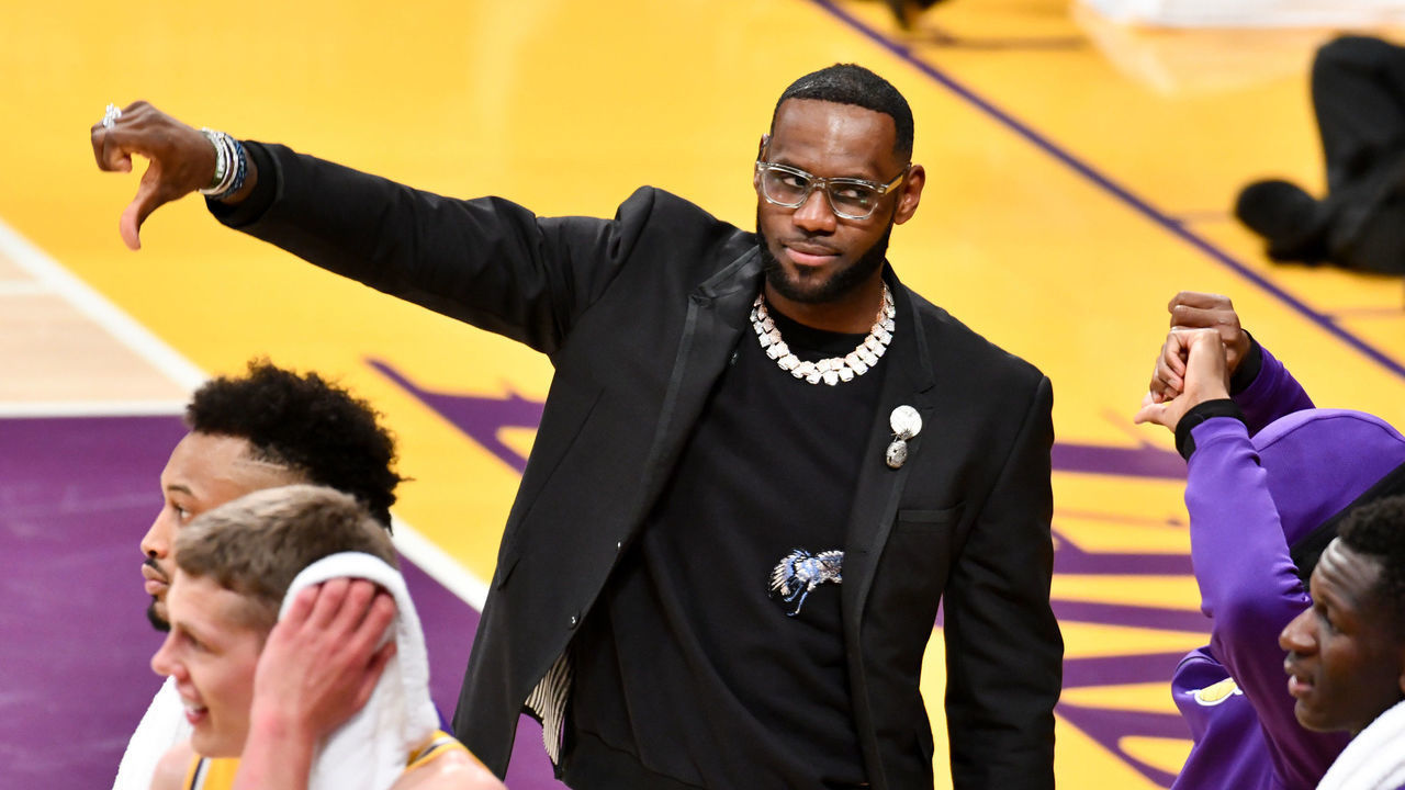 LOS ANGELES, CALIFORNIA - APRIL 09: LeBron James does not like a call against his team during a basketball game between the Los Angeles Lakers and the Portland Trail Blazers at Staples Center on April 09, 2019 in Los Angeles, California.