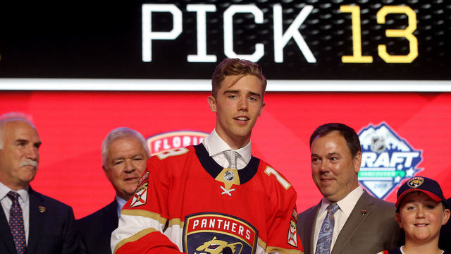 VANCOUVER, BRITISH COLUMBIA - JUNE 21: Spencer Knight reacts after being selected thirteenth overall by the Florida Panthers during the first round of the 2019 NHL Draft at Rogers Arena on June 21, 2019 in Vancouver, Canada.