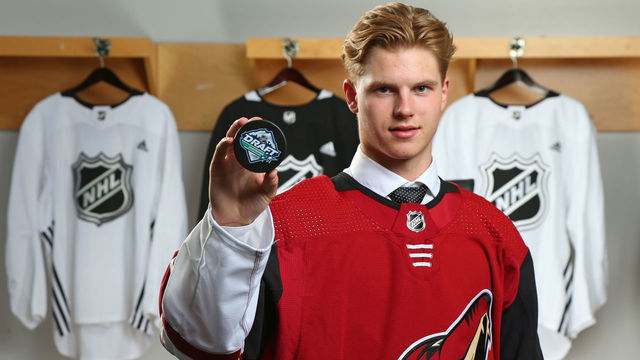 VANCOUVER, BRITISH COLUMBIA - JUNE 21: Victor Soderstrom, eleventh overall pick by the Arizona Coyotes, poses for a portrait during the first round of the 2019 NHL Draft at Rogers Arena on June 21, 2019 in Vancouver, Canada.