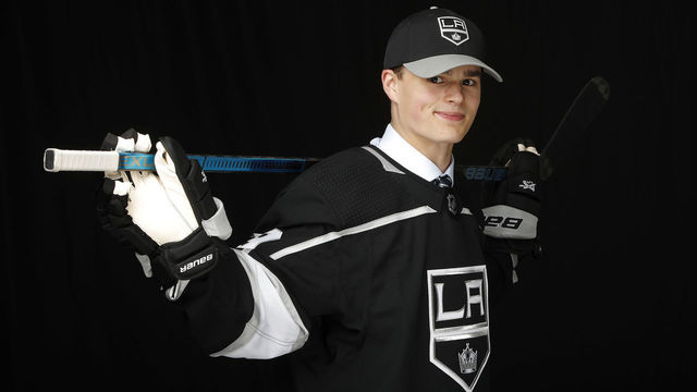 VANCOUVER, BRITISH COLUMBIA - JUNE 21: Alex Turcotte poses for a portrait after being selected fifth overall by the Los Angeles Kings during the first round of the 2019 NHL Draft at Rogers Arena on June 21, 2019 in Vancouver, Canada.