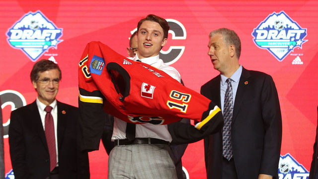 VANCOUVER, BRITISH COLUMBIA - JUNE 21: Jakob Pelletier reacts after being selected twenty-sixth overall by the Calgary Flames during the first round of the 2019 NHL Draft at Rogers Arena on June 21, 2019 in Vancouver, Canada.