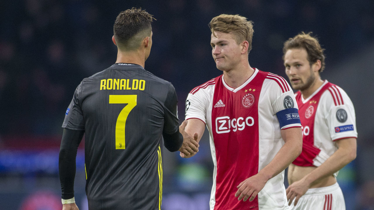 Cristiano Ronaldo of Juventus and Matthijs de Ligt of Ajax during the UEFA Champions League Quarter Final match between Ajax Amsterdam and Juventus at Johan Cruyff ArenA in Amsterdam, Netherlands on April 10, 2019