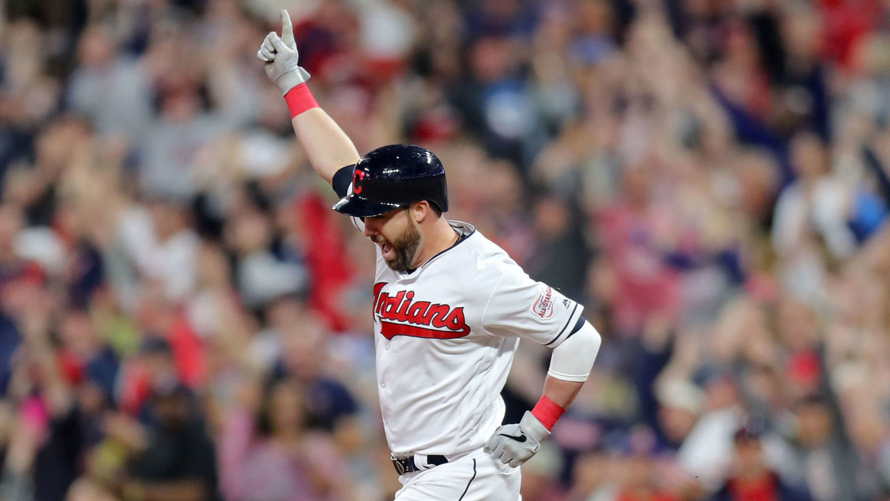 CLEVELAND, OH - JUNE 21: Cleveland Indians second baseman Jason Kipnis (22) celebrates as he rounds the bases after hitting a home run during the eighth inning of the Major League Baseball game between the Detroit Tigers and Cleveland Indians on June 21, 2019, at Progressive Field in Cleveland, OH. After a replay review the call was reversed and Kipnis awarded third base with an RBI triple.