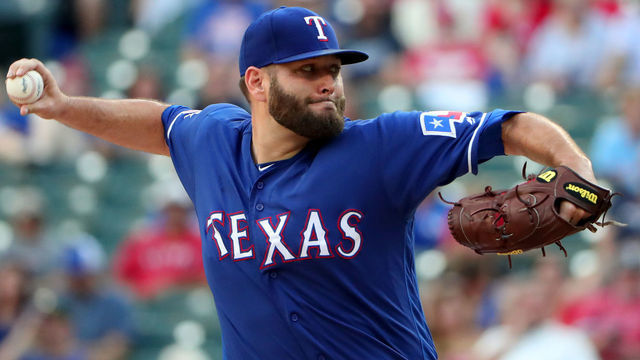 ARLINGTON, TEXAS - JUNE 17: Lance Lynn #35 of the Texas Rangers pitches against the Cleveland Indians in the top of the first inning at Globe Life Park in Arlington on June 17, 2019 in Arlington, Texas.