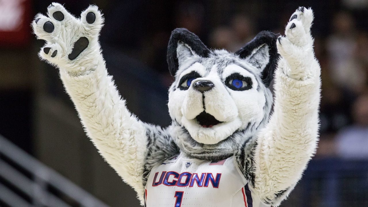 STORRS, CT - FEBRUARY 13: UConn Huskies mascot Jonathan the Husky takes to the court during the first half of a women's division 1 basketball game between 6th ranked University of South Carolina and the #1 UConn Huskies on February 13, 2017, at the Harry A. Gampel Pavilion in Storrs, CT.
