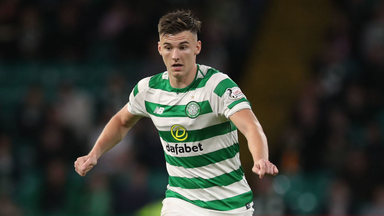 GLASGOW, SCOTLAND - AUGUST 30: Kieran Tierney of Celtic controls the ball during the UEFA Europa League Play Off Second Leg match between Celtic and FK Suduva at Celtic Park Stadium on August 30, 2018 in Glasgow, Scotland.