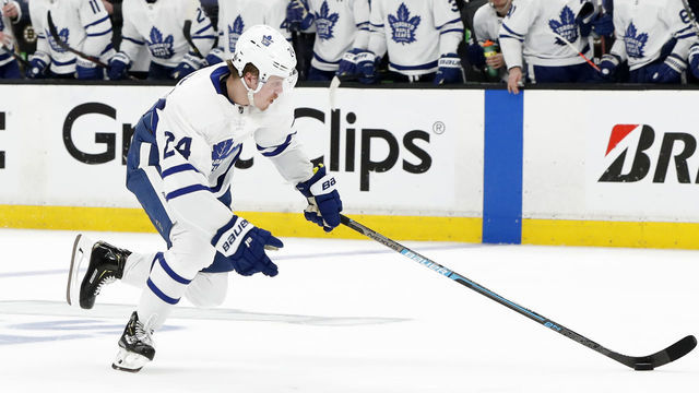 BOSTON, MA - APRIL 19: Toronto Maple Leafs right wing Kasperi Kapanen (24) breaks in alone during Game 5 of the First Round Stanley Cup Playoffs between the Boston Bruins and the Toronto Maple Leafs on April 19, 2019, at TD garden in Boston, Massachusetts.
