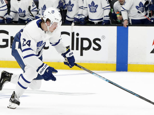BOSTON, MA - APRIL 19: Toronto Maple Leafs right wing Kasperi Kapanen (24) breaks in alone during Game 5 of the First Round Stanley Cup Playoffs between the Boston Bruins and the Toronto Maple Leafs on April 19, 2019, at TD garden in Boston, Massachusetts.