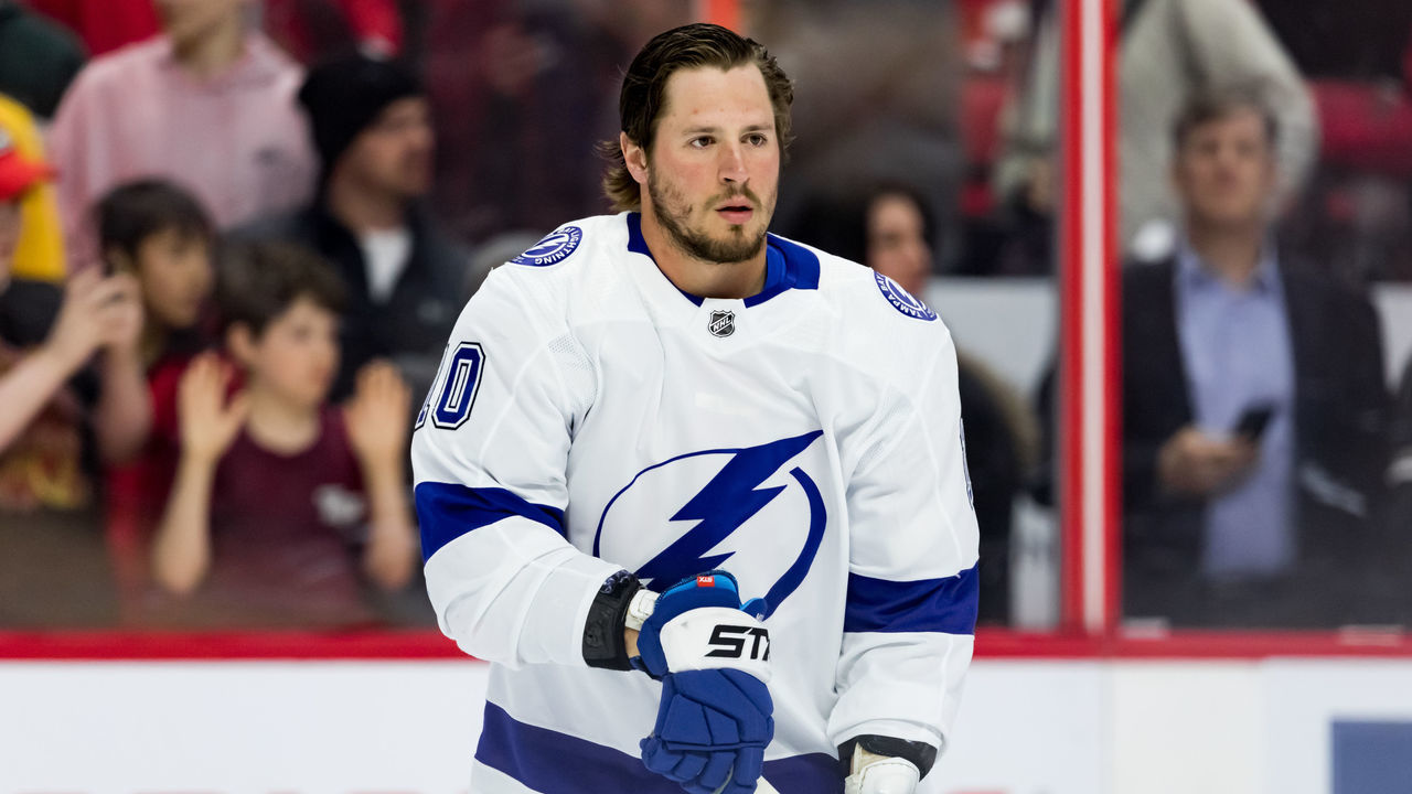 OTTAWA, ON - APRIL 01: Tampa Bay Lightning Winger J.T. Miller (10) during warm-up before National Hockey League action between the Tampa Bay Lightning and Ottawa Senators on April 1, 2019, at Canadian Tire Centre in Ottawa, ON, Canada.