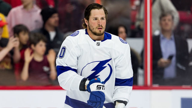 OTTAWA, ON - APRIL 01: Tampa Bay Lightning Winger J.T. Miller (10) during warm-up before National Hockey League action between the Tampa Bay Lightning and Ottawa Senators on April 1, 2019, at Canadian Tire Centre in Ottawa, ON, Canada.
