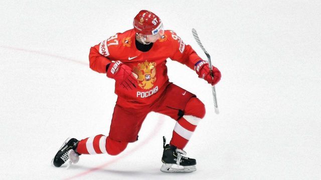 Russia's forward Nikita Gusev celebrate scoring during the penalty shoot out of the IIHF Men's Ice Hockey World Championships bronze medal match between Russia and Czech Republic on May 26, 2019 in Bratislava.
