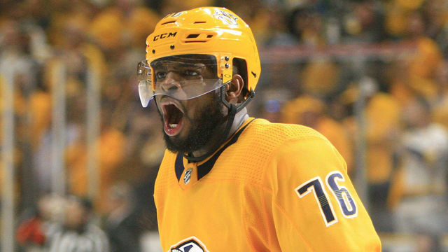 NASHVILLE, TN - APRIL 10: Nashville Predators defenseman P.K. Subban (76) reacts following his third period goal during Game One of Round One of the Stanley Cup Playoffs between the Nashville Predators and Dallas Stars, held on April 10, 2019, at Bridgestone Arena in Nashville, Tennessee.