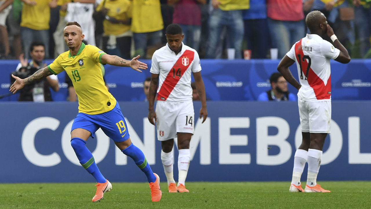 Brazil's Everton celebrates after scoring against Peru during their Copa America football tournament group match at the Corinthians Arena in Sao Paulo, Brazil, on June 22, 2019.