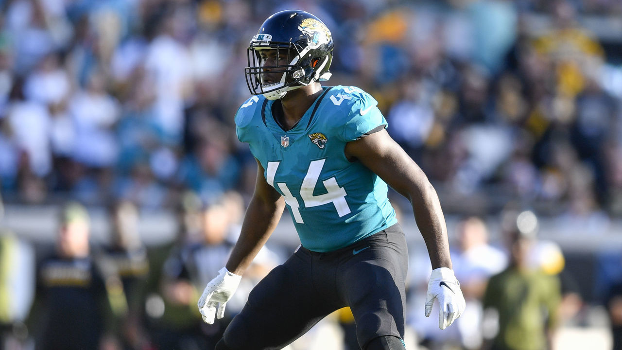 JACKSONVILLE, FL - NOVEMBER 18: Jacksonville Jaguars linebacker Myles Jack (44) during the second half of an NFL game between the Pittsburgh Steelers and the Jacksonville Jaguars on November 18, 2018, at TIAA Bank Field.