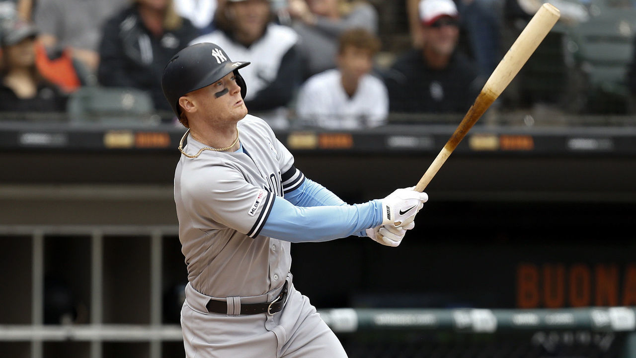 CHICAGO, ILLINOIS - JUNE 16: Clint Frazier #77 of the New York Yankees at bat during the third inning against the Chicago White Sox at Guaranteed Rate Field on June 16, 2019 in Chicago, Illinois.