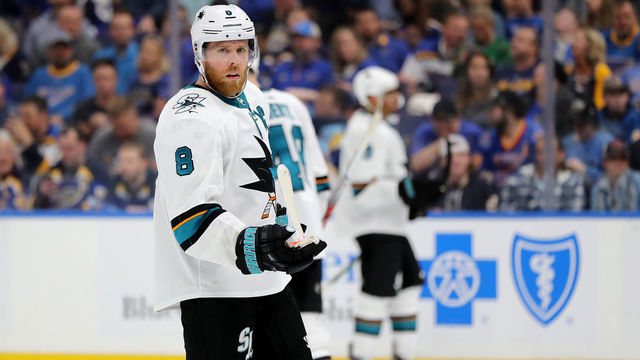 ST LOUIS, MISSOURI - MAY 15: Joe Pavelski #8 of the San Jose Sharks looks on against the St. Louis Blues during the third period in Game Three of the Western Conference Finals during the 2019 NHL Stanley Cup Playoffs at Enterprise Center on May 15, 2019 in St Louis, Missouri.