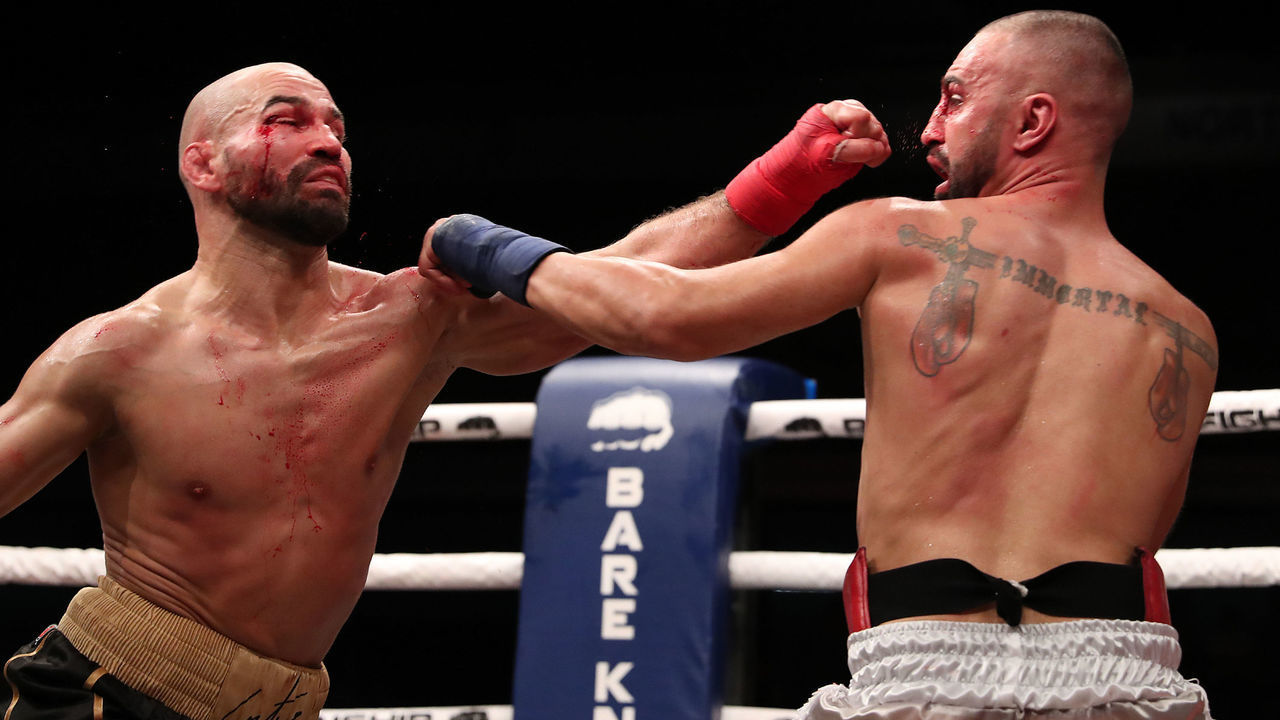 TAMPA, FL - JUNE 22: Paulie Malignanni (R) and Artem Lobov exchange blows during the Bare Knuckle Fighting Championships at Florida State Fairgrounds Entertainment Hall on June 22, 2019 in Tampa, Florida.