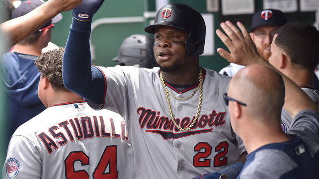 KANSAS CITY, MO - JUN 22: Minnesota Twins third baseman Miguel Sano (22) is congratulated by teammates after hitting a solo home run during a Major League Baseball game between the Minnesota Twins and the Kansas City Royals on June 22, 2019, at Kaufmann Stadium, Kansas City, Mo.