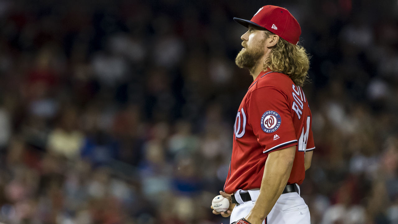 WASHINGTON, DC - JUNE 22: Trevor Rosenthal #44 of the Washington Nationals prepares to pitch against the Atlanta Braves during the seventh inning at Nationals Park on June 22, 2019 in Washington, DC.