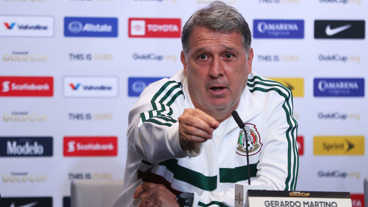 CHARLOTTE, NC - JUNE 22: Head Coach of Mexico Gerardo Martino speaks during the press conference of Mexico at Bank of America Stadium on June 22, 2019 in Charlotte, North Carolina.
