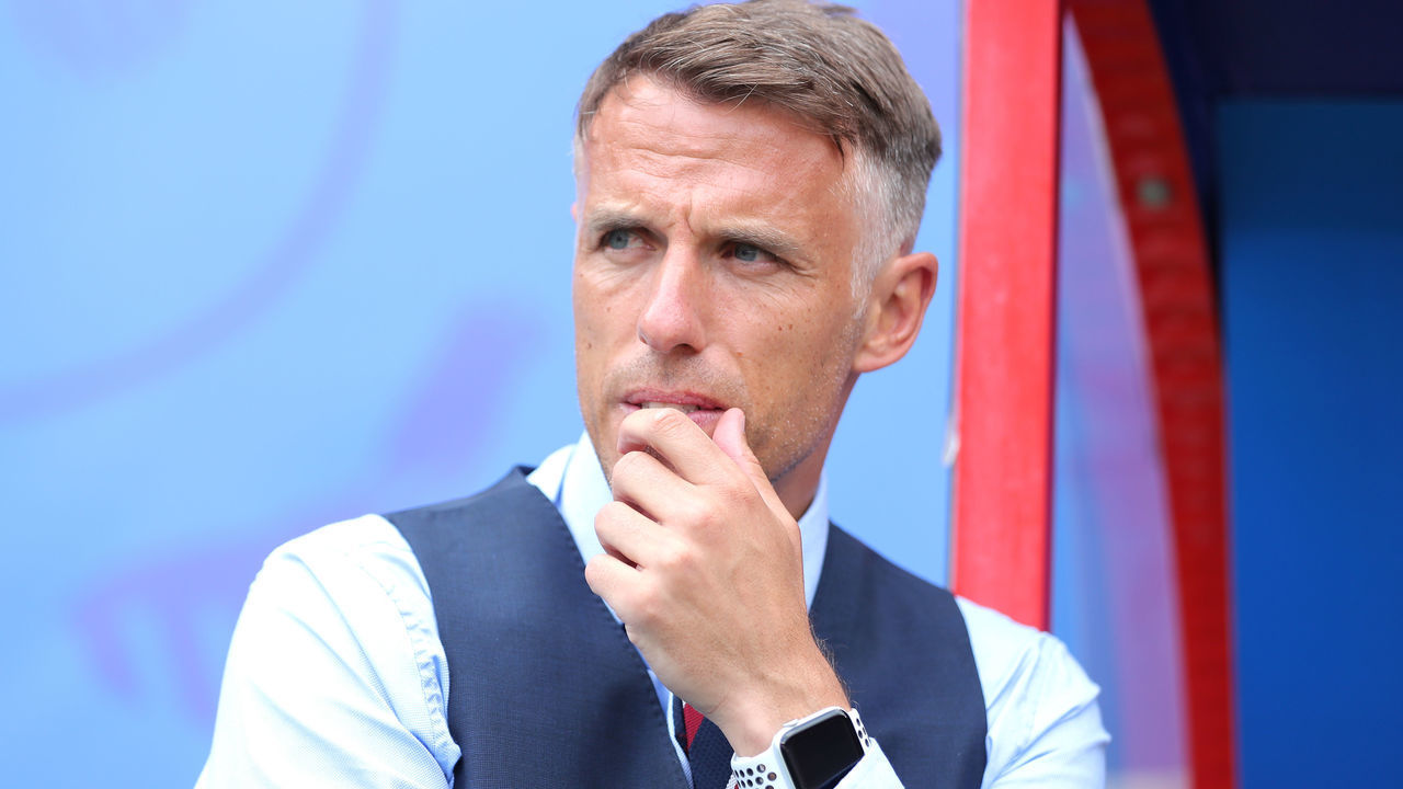 England head coach Phil Neville looks on during the FIFA Women's World Cup, round of Sixteen match at State du Hainaut, Valenciennes.