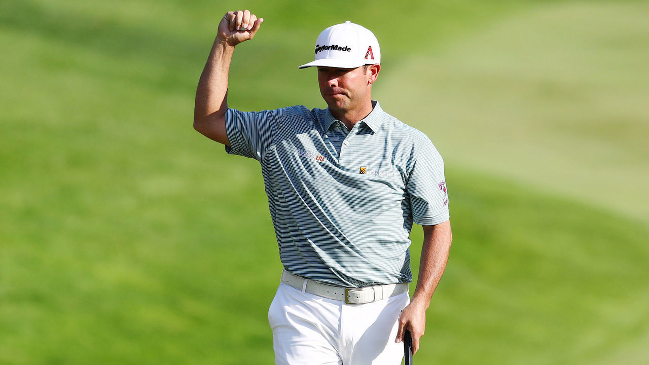 CROMWELL, CONNECTICUT - JUNE 23: Chez Reavie of the United States celebrates on the 18th green after making a par to win the Travelers Championship at TPC River Highlands on June 23, 2019 in Cromwell, Connecticut.