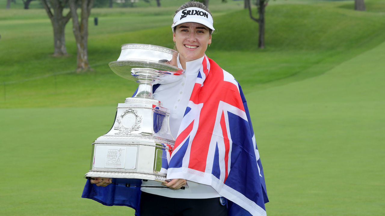 CHASKA, MINNESOTA - JUNE 23: Hannah Green of Australia poses with the trophy after her one shot victory in the final round of the 2019 KPMG Women's PGA Championship at Hazeltine National Golf Club on June 23, 2019 in Chaska, Minnesota.