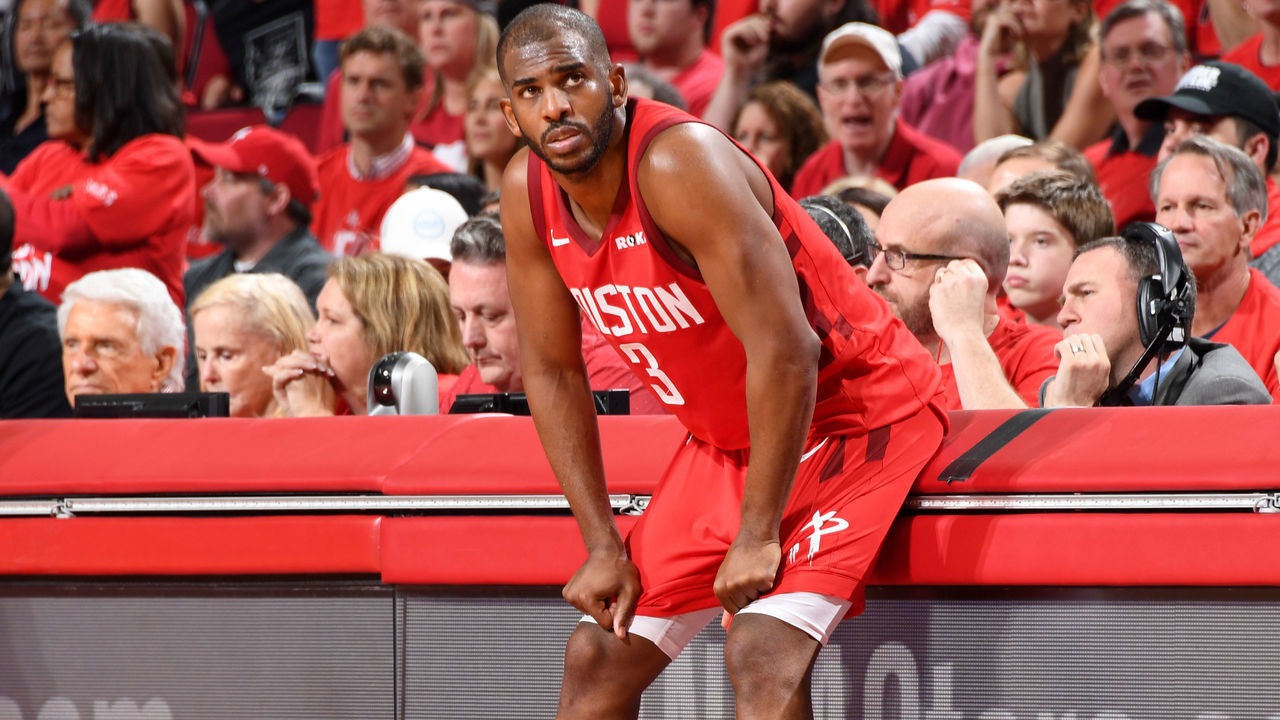 HOUSTON, TX - MAY 10: Chris Paul #3 of the Houston Rockets looks on against the Golden State Warriors during Game Six of the Western Conference Semifinals of the 2019 NBA Playoffs on May 10, 2019 at the Toyota Center in Houston, Texas. NOTE TO USER: User expressly acknowledges and agrees that, by downloading and/or using this photograph, user is consenting to the terms and conditions of the Getty Images License Agreement. Mandatory Copyright Notice: Copyright 2019 NBAE