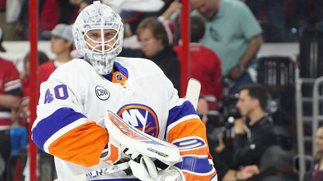 RALEIGH, NC - MAY 01: New York Islanders goaltender Robin Lehner (40) skates around the net before a game between the Carolina Hurricanes and the New York Islanders on May 1, 2019 at the PNC Arena in Raleigh, NC.