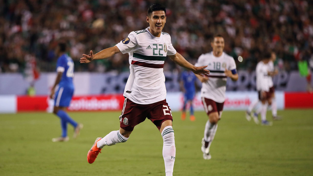 CHARLOTTE, NC - JUNE 23: Uriel Antuna of Mexico celebrates after scoring a goal to make it 0-1 during the Group A 2019 CONCACAF Gold Cup match between Martinique v Mexico at Bank of America Stadium on June 23, 2019 in Charlotte, North Carolina.
