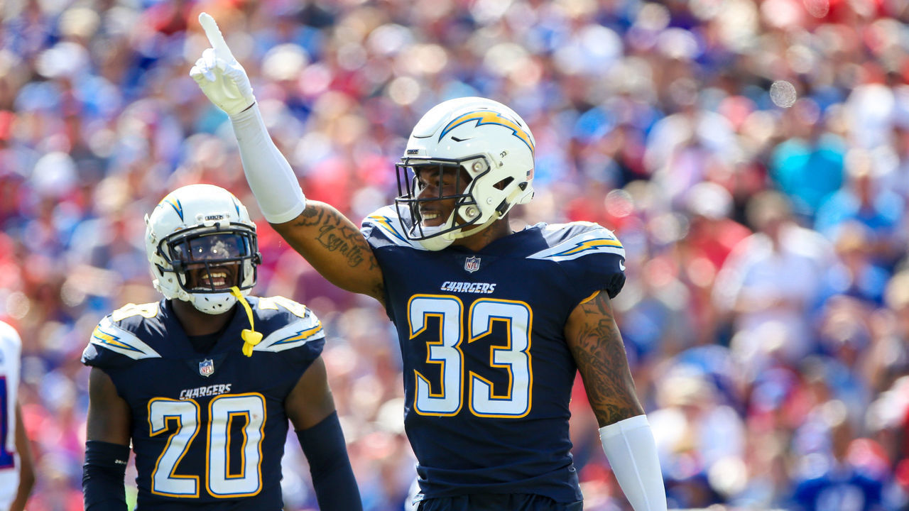 BUFFALO, NY - SEPTEMBER 16: Los Angeles Chargers defensive back Derwin James (33) raises his hand during a game between the San Diego Chargers and the Buffalo Bills on September 16, 2018, at New Era Field in Orchard Park, NY.