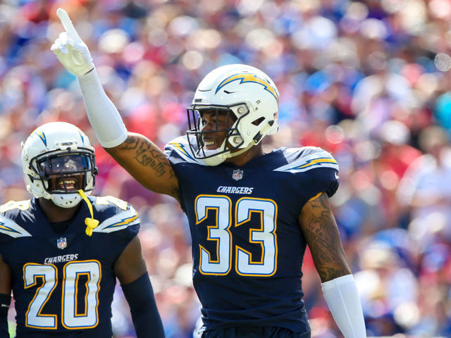 BUFFALO, NY - SEPTEMBER 16: Los Angeles Chargers defensive back Derwin James (33) raises his hand during a game between the San Diego Chargers and the Buffalo Bills on September 16, 2018, at New Era Field in Orchard Park, NY.