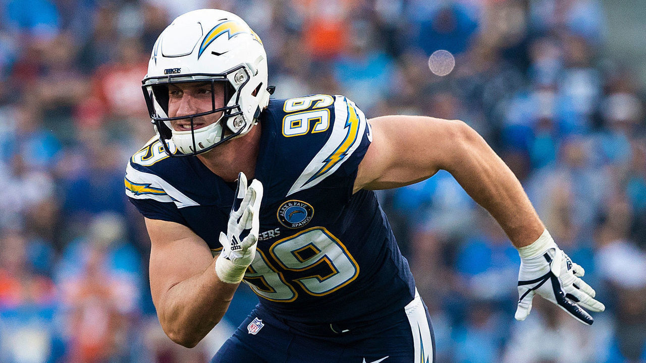 CARSON, CA - NOVEMBER 18: Los Angeles Chargers defensive end Joey Bosa (99) during the NFL regular season game against the Denver Broncos on Sunday, November 18, 2018, at StubHub Center in Carson, CA.